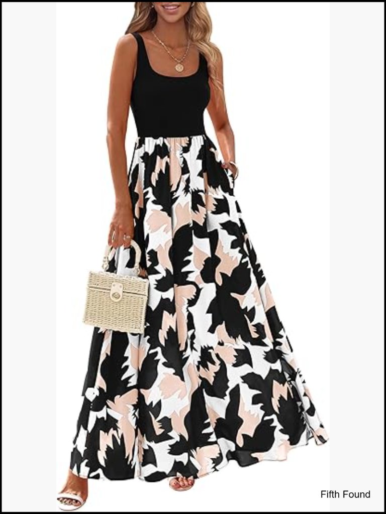Women's Sleeveless Boho Floral Maxi Dress Tank Scoop Neck Flowy Beach Sundress
